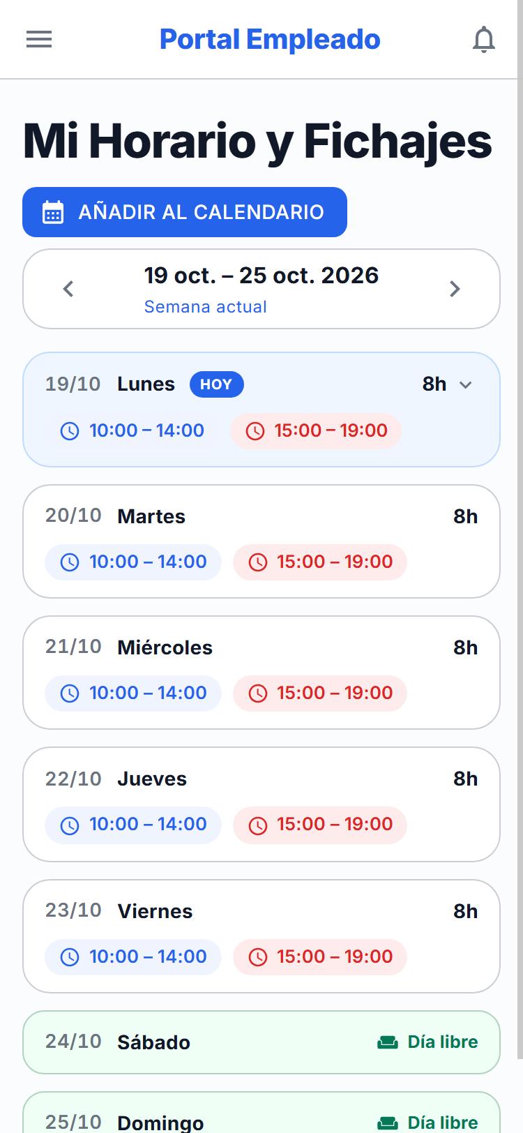 Horario semanal del empleado en el Portal del empleado de GUEST